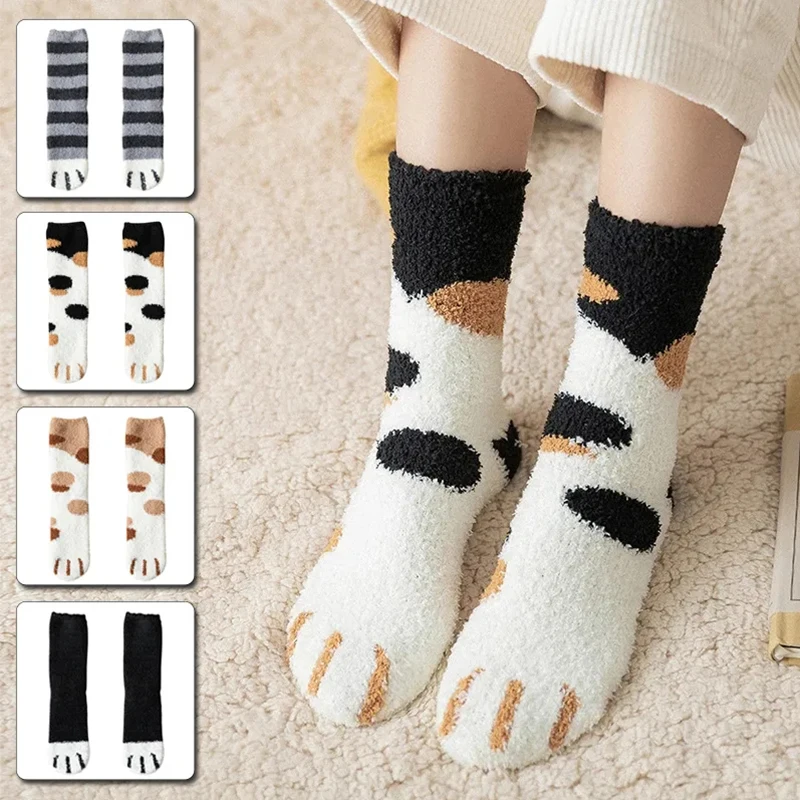 Plush Winter Funny Cute Style Animal Cat Paw Cartoon Pattern Women Cotton Socks Super Soft For Female House Sleeping Floor Sox