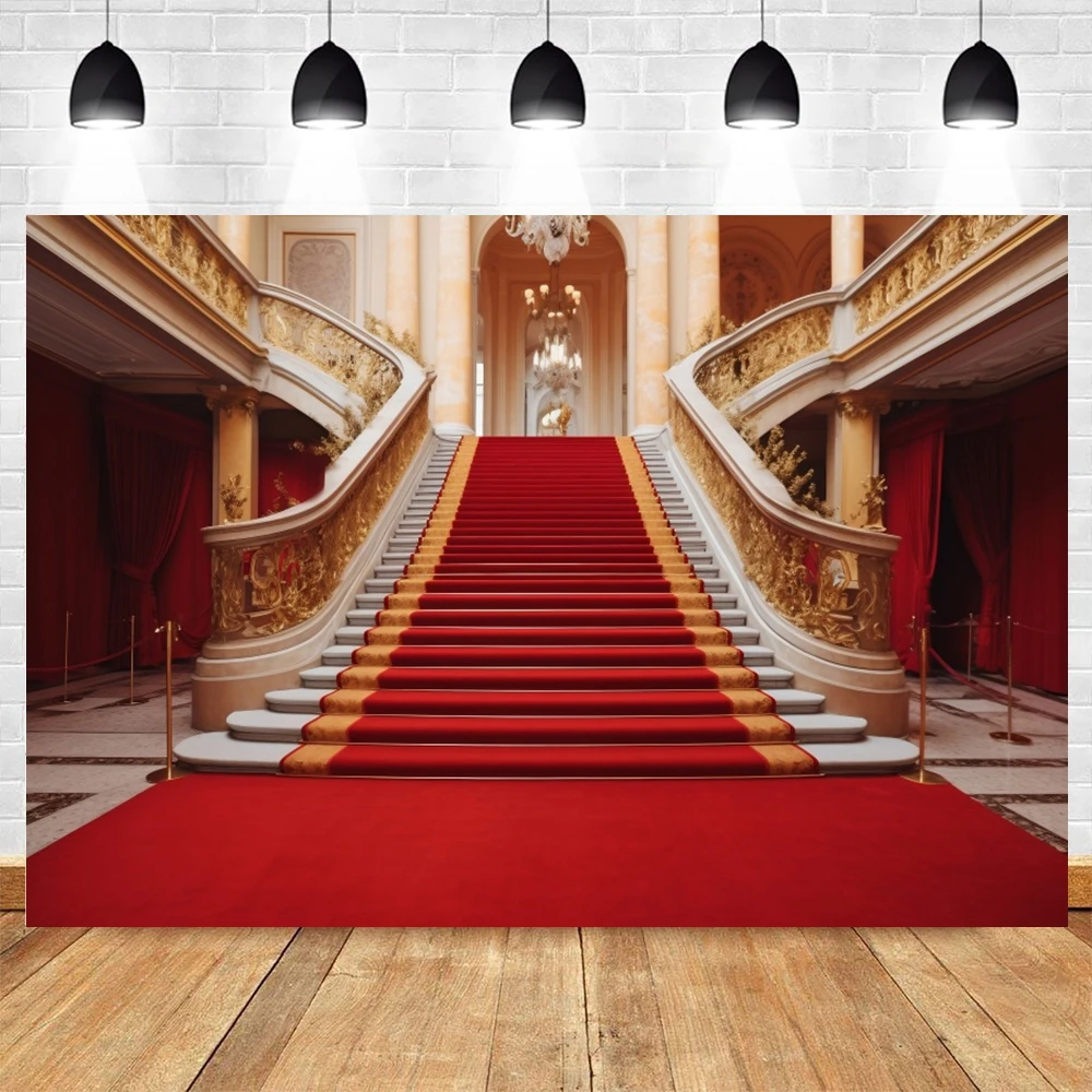 Red Carpet Luxury Palace Stairs Photography Backdrop Vintage Castle Church Scene Wedding Birthday Party Decor Photo Background