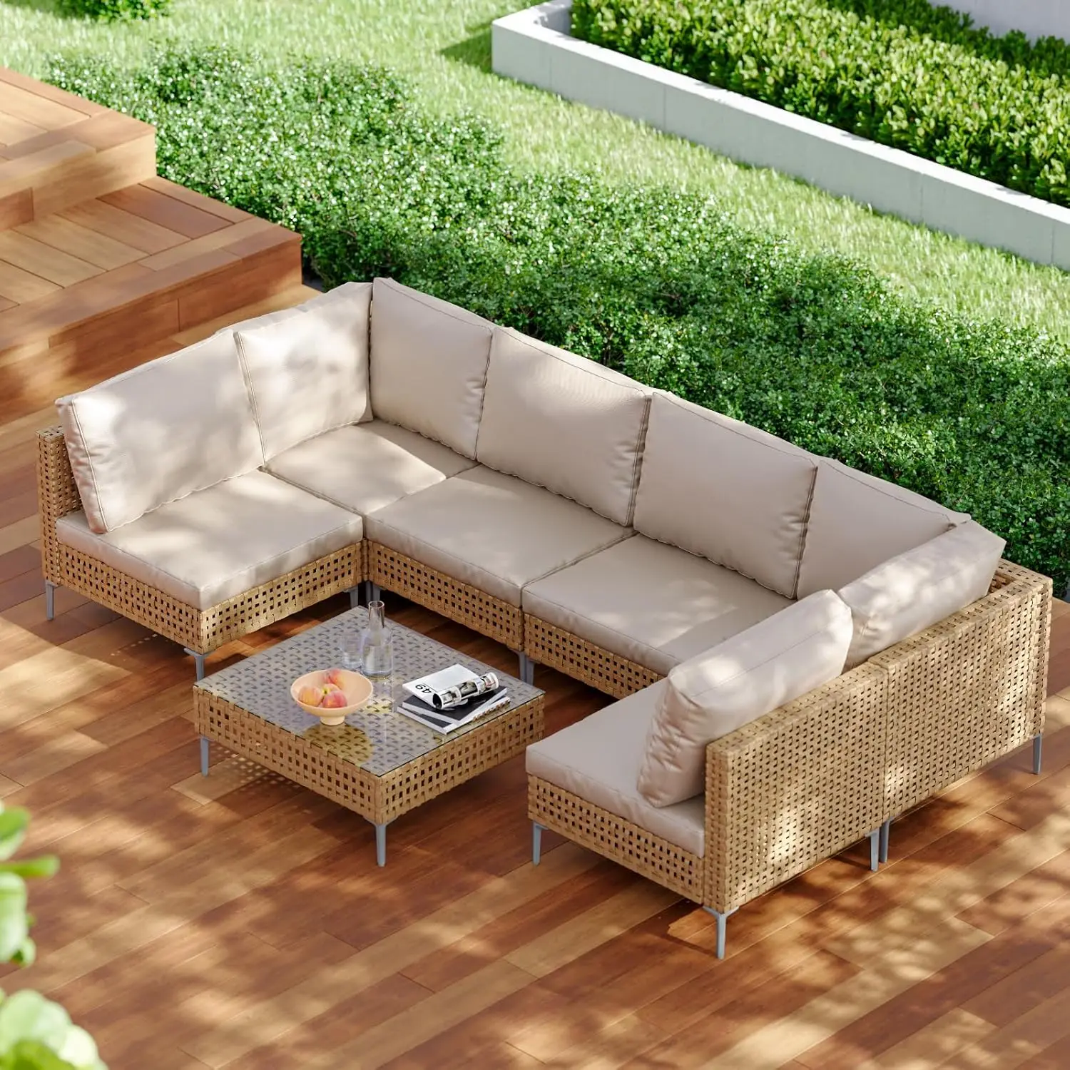 Juego de muebles de mimbre para Patio, conjunto de sofá seccional para conversación al aire libre con cojines Beige, engrosado resistente al agua, 7 piezas