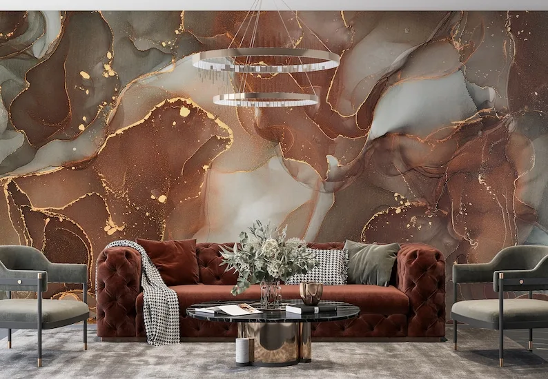 Marble Pattern Brown and Gold Look Abstract Wallpaper, Self Adhesive Peel and Stick Marble Wall Murals, Removable Marble Design