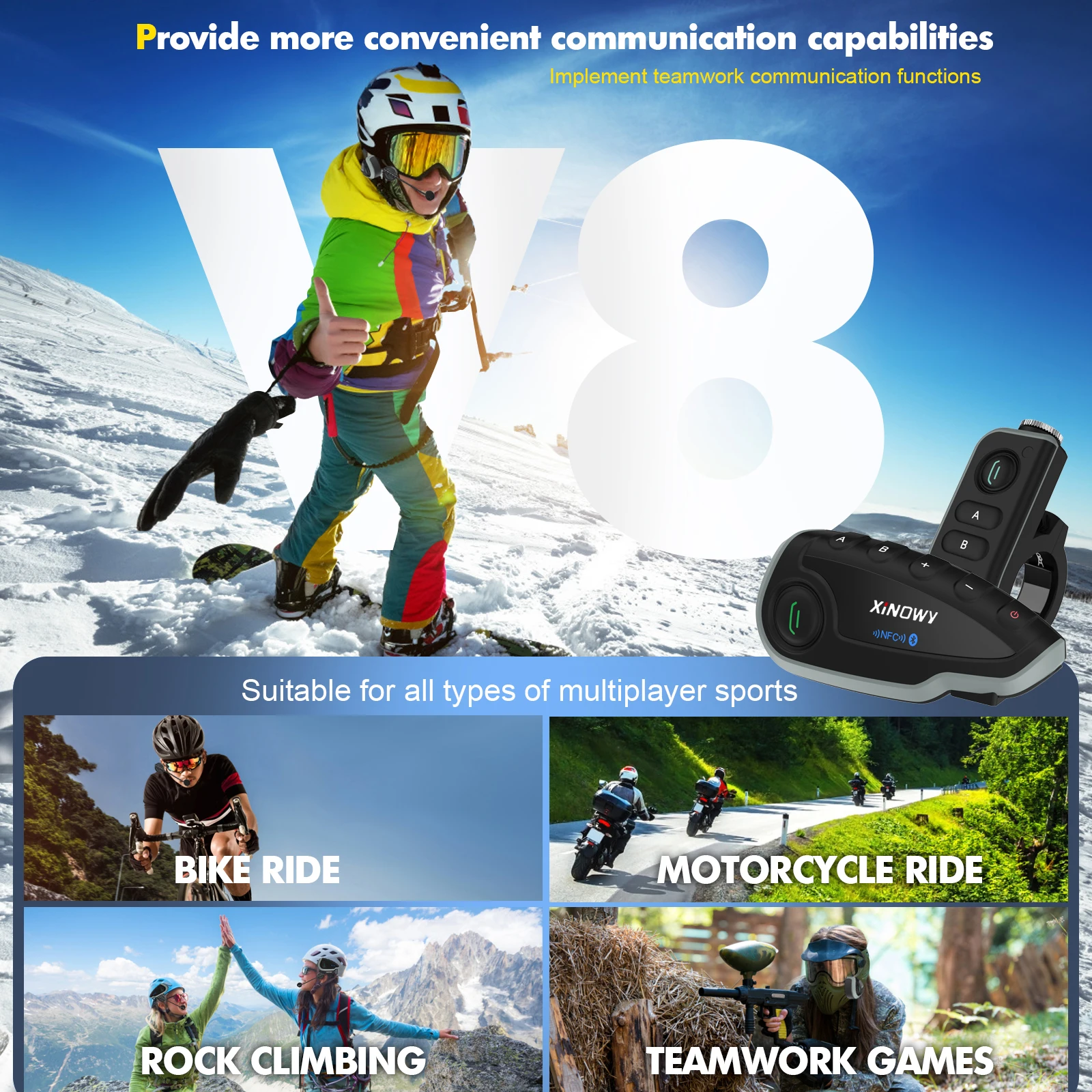 XINOWY V8 casco moto cuffie interfono Bluetooth 1200M per 5 piloti interfono telecomando Wireless Radio FM