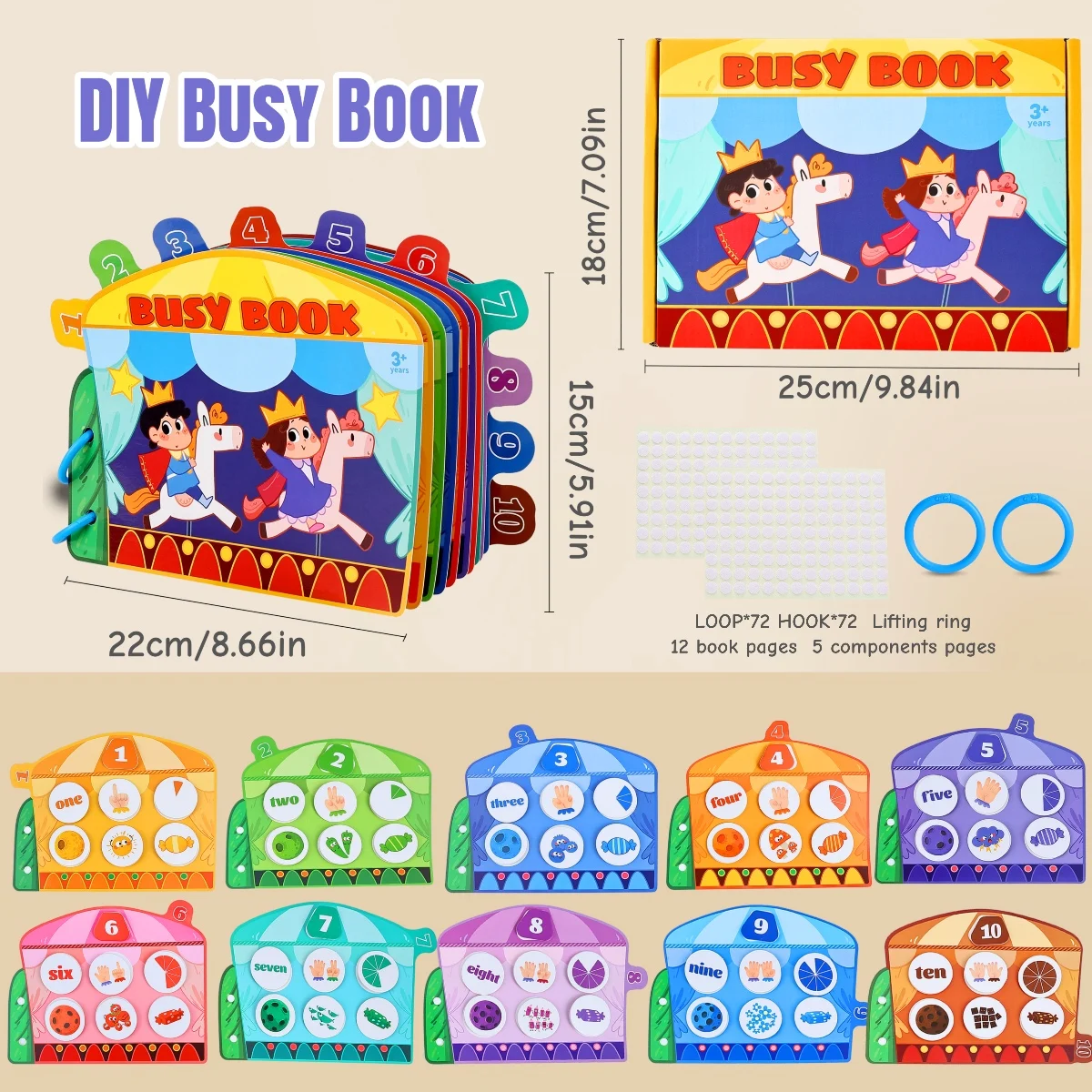 어린이 몬테소리 조기 교육 세트, 대화형 학습 바쁜 책 선물 상자, 색상 식별, 1-10 수량 단어 인식 매칭 게임, 재사용 가능한 DIY 스티커 조용한 책, 조기 계몽 활동 장난감, 3세 이상 어린이를 위한 선물, 유아 가족 학교 교육 보조 자료