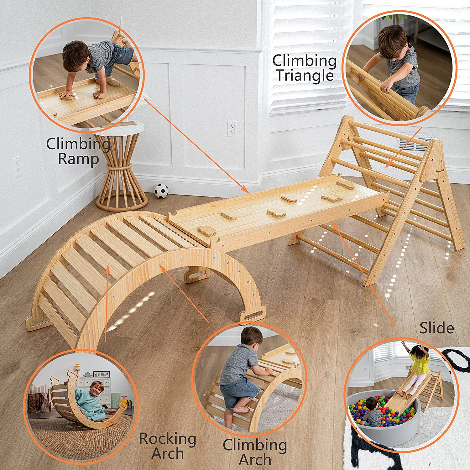 Waldorf Triangle Climbing Set, Foldable Wooden Ladder Ramp Slide, Indoor Kids Play Gym Toy Activity Fun Climb Slide Adventure