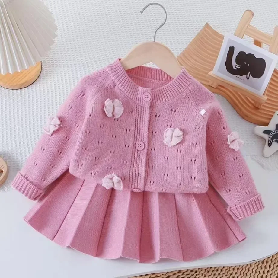 Children\'s Clothing Sets Cutout Floral Cardigan Sweater + Pleated Skirt Knitted Sweater Girls Winter Clothes Pullovers for Kids