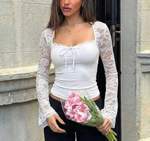 

2025 Autumn/winter Women's New Fashionable and Sexy Lace Splicing Perspective Lace Long Sleeve Top