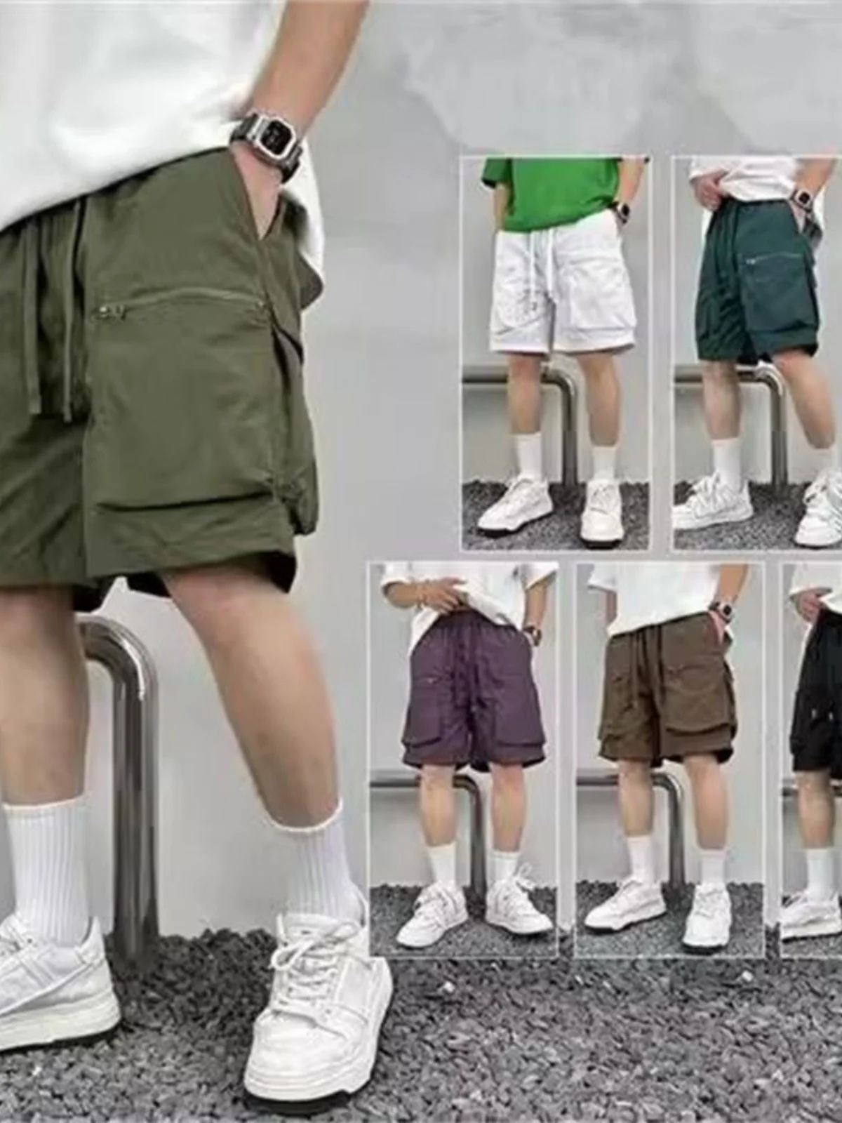 

Military Green Workwear Shorts Men's Summer Ice Silk Thin Zipper Large Pocket Casual Loose Trendy Brand Five-Quarter Pants