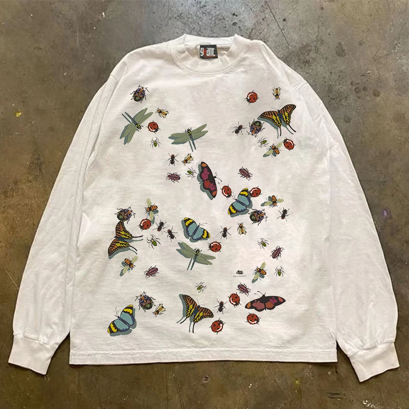 Heavyweight 300g Pure Cotton Long Sleeve T-Shirt Insect Animal Street Style Oversize Trendy Brand XiaoChen Story Multi Design