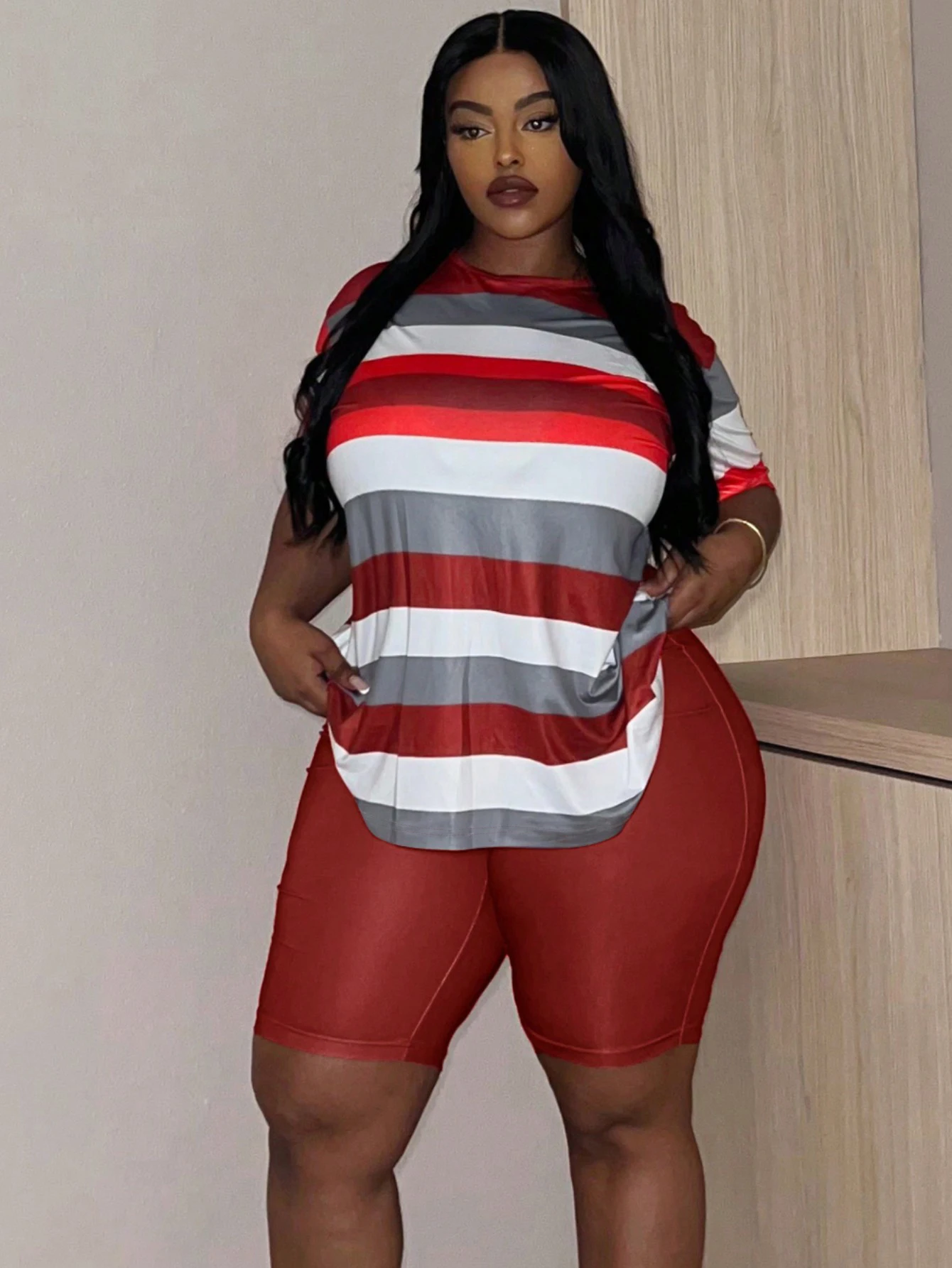 LW Plus Size shorts sets summer Striped short sleeve T-shirt + skinny Shorts Set casual women\'s Two pieces sets sport suit