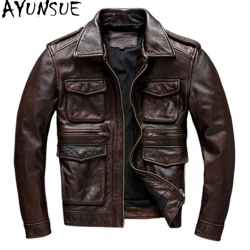 

AYUNSUE Cowhide Genuine Leather Jackets Autumn Mens Clothing Short Black Jacket Workwear Coat Two Colors Slim Fit Chamarra Piel