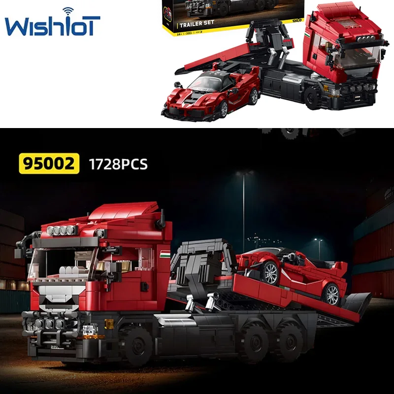

95002 Red Truck Trailer MOC Building Blocks Kit 1728pcs With Racing Cars Boys Assembly Puzzle Model Boys Toys Small Bricks Gifts