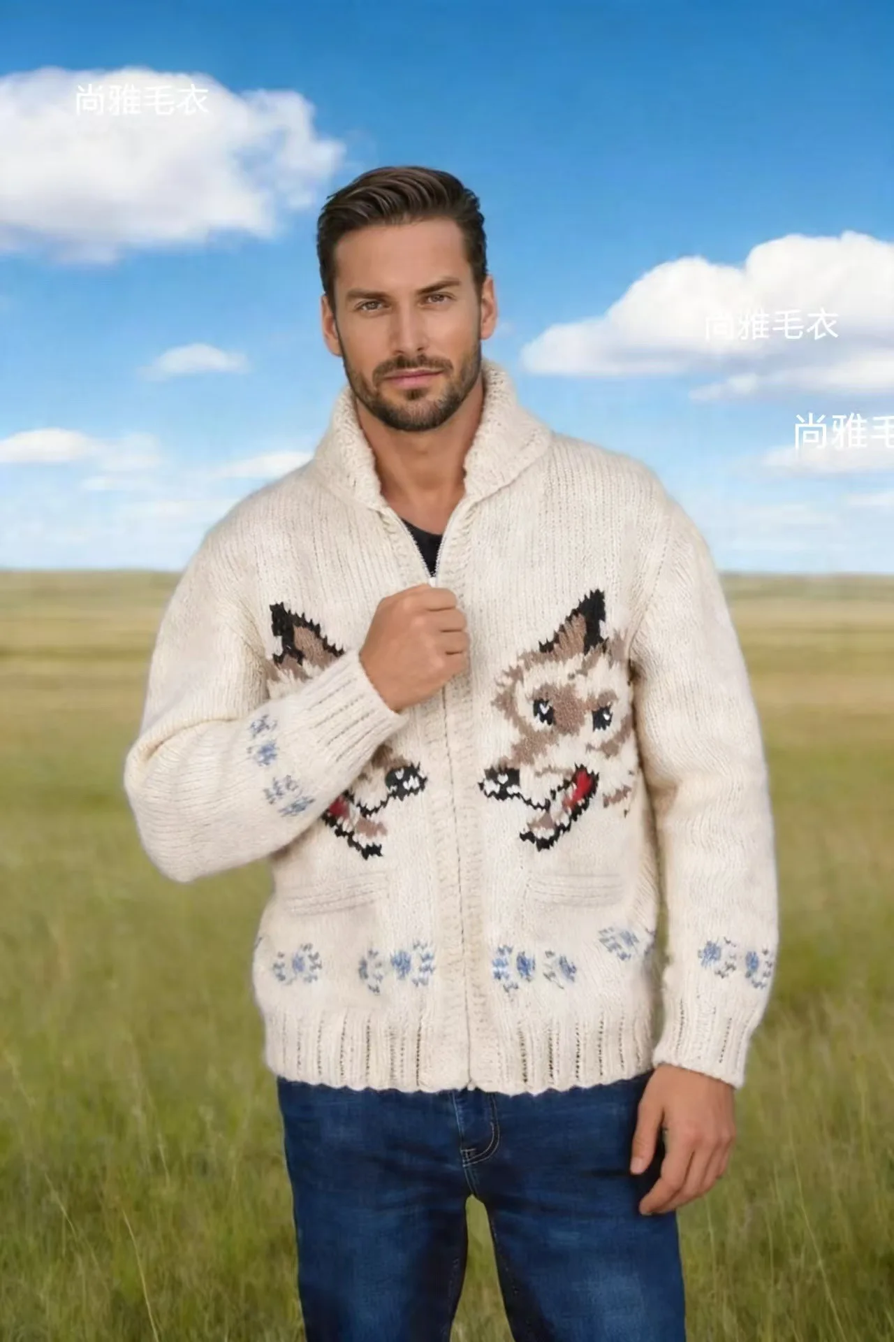 Men's Fox Plaid Knitted Sweater Blazer for Spring 2026 - Thick Knit with Zipper Closure Loose and Comfortable Style