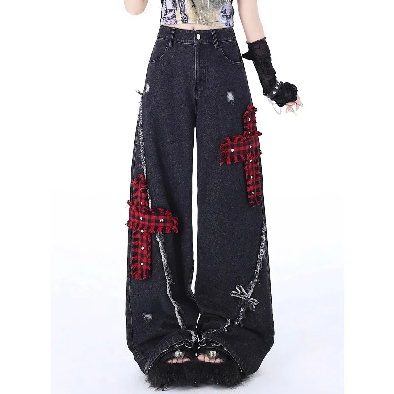 Deeptown Y2k Gothic Vintage Women Jeans Baggy Japanese Style Denim Pants Harajuku Patchwork Embroidery Streetwear Punk Trousers