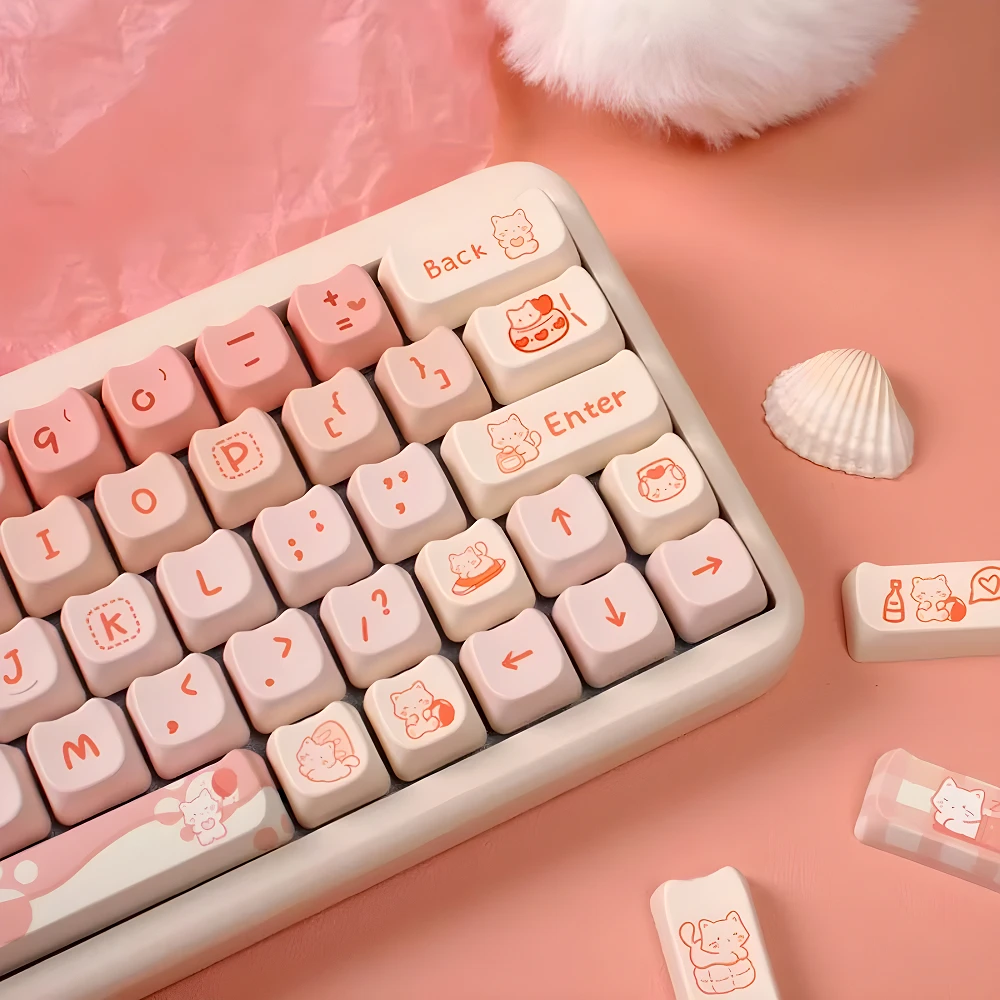 Pink Kitten MAO Key Cap Set PBT 134 Key Cute Cat Head Key Cap for 60/64/84/98/108 Mechanical Keyboard Accessories