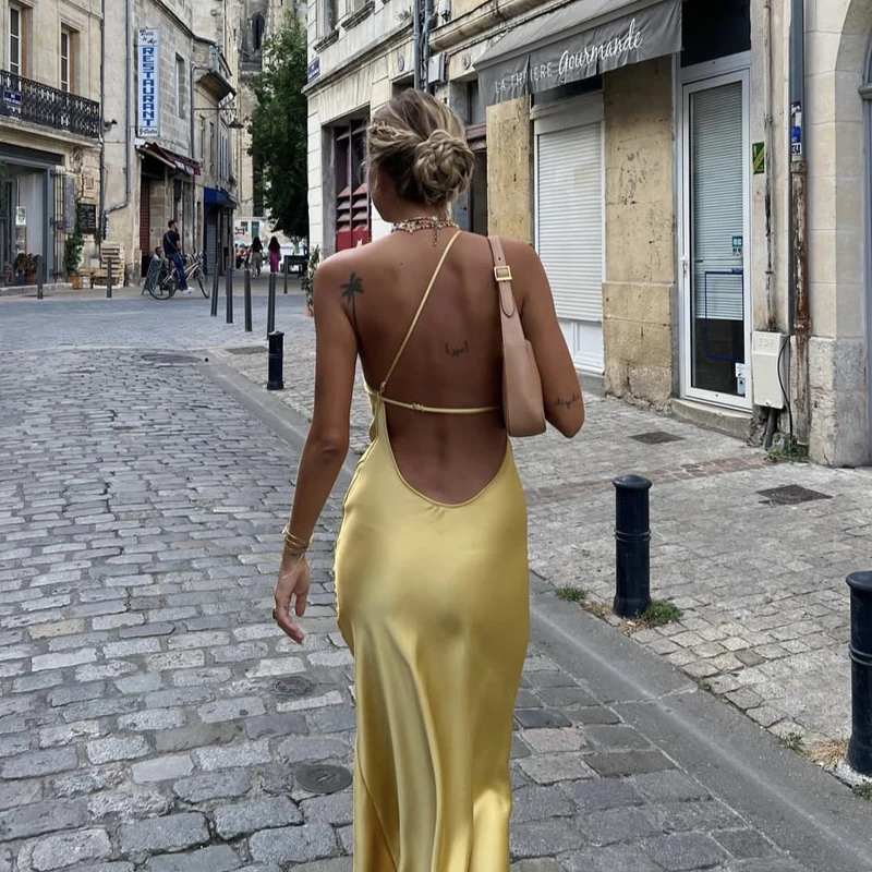 Women's Summer French Yellow Satin Dress Sexy Backless Long Skirt  Asymmetric Sling Dress Slim - AliExpress 200000345