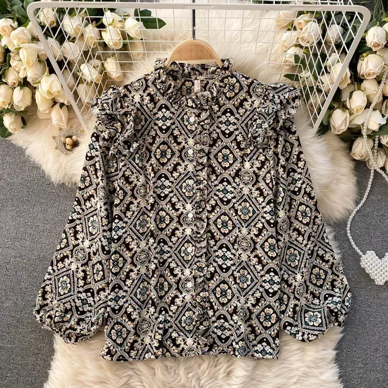 Spring Autumn Women's Blouse European Retro Round Neck Print Puff Sleeve Top New Loose Casual Female Tops DE379