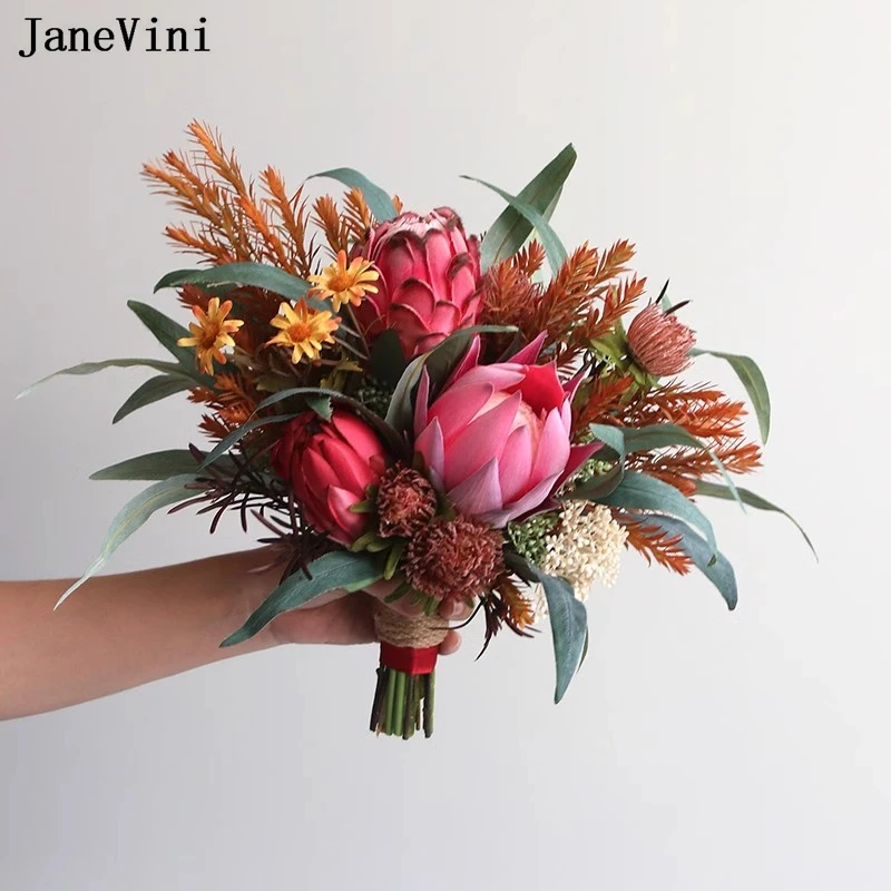 

JaneVini New Luxury European Style Bridal Bouquets Fake Protea Flowers Artificial Silk Roses Brides Bouquet Wedding Accessories