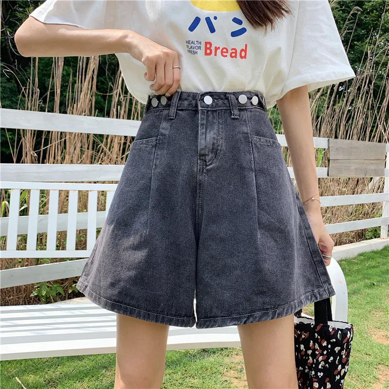 ارتفاع الخصر فضفاضة تناسب خمسة بوصة الدنيم orts المرأة حجم كبير الكورية Sle الخريف 2025 واسعة الساق منتصف طول السراويل