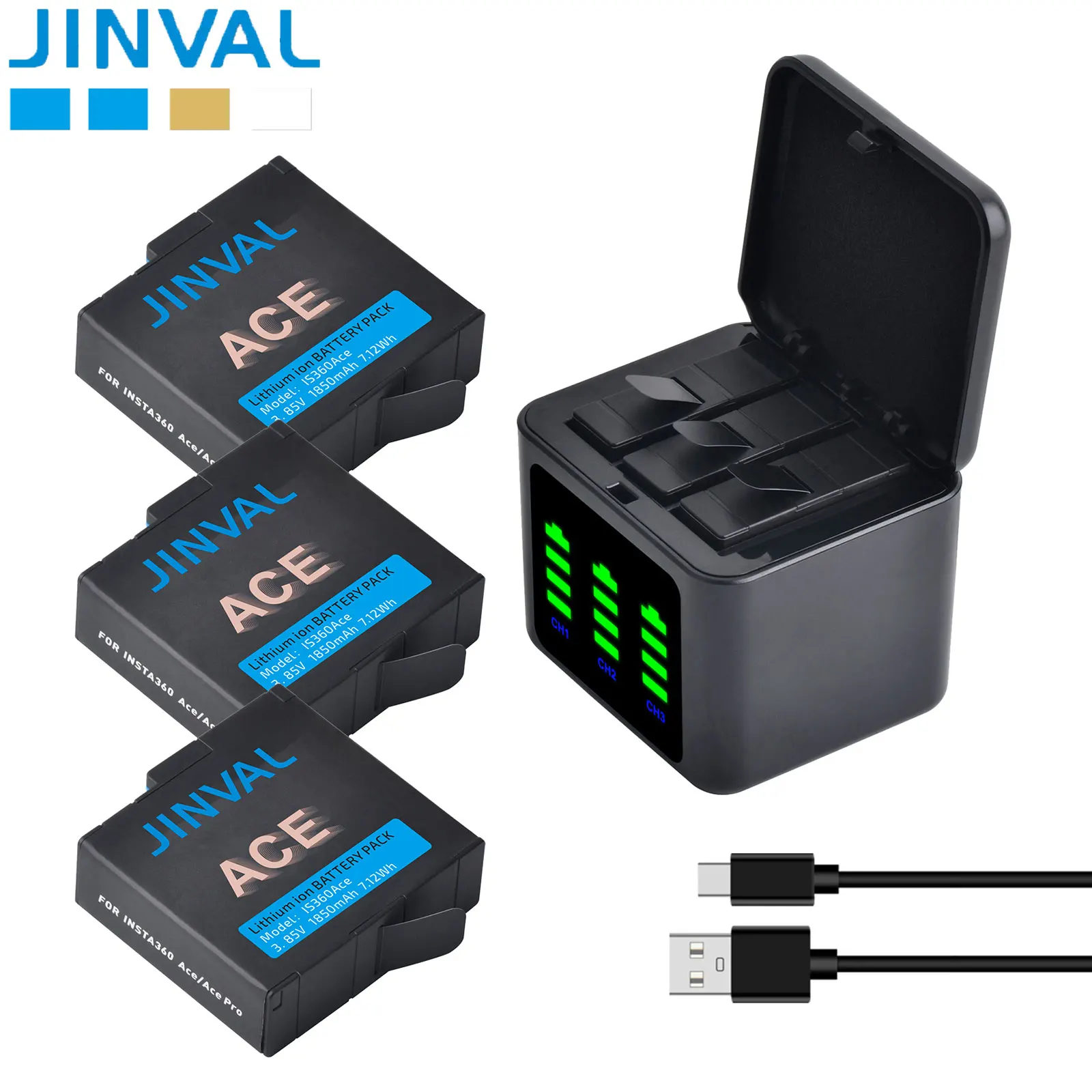 JINVAL For Insta360 ACE Battery 1850mAh + Quick Charging Triple Charger Case For Insta 360 Ace Pro Ace Pro 2 Action Camera
