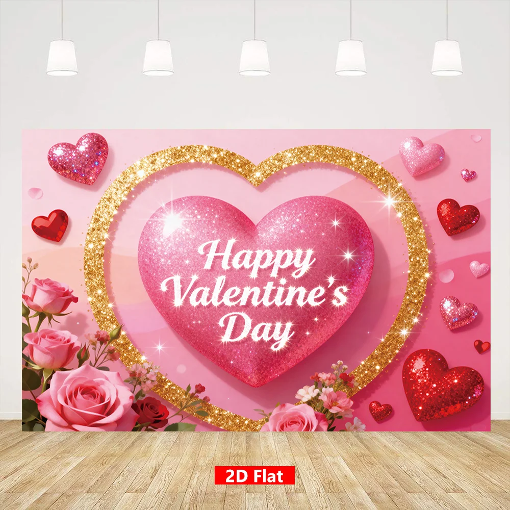 Valentines Day Tapestry Pink Glitter Heart Romance Love Theme Backdrop for Photo Booth Wedding Anniversary Party DecorationsFlat