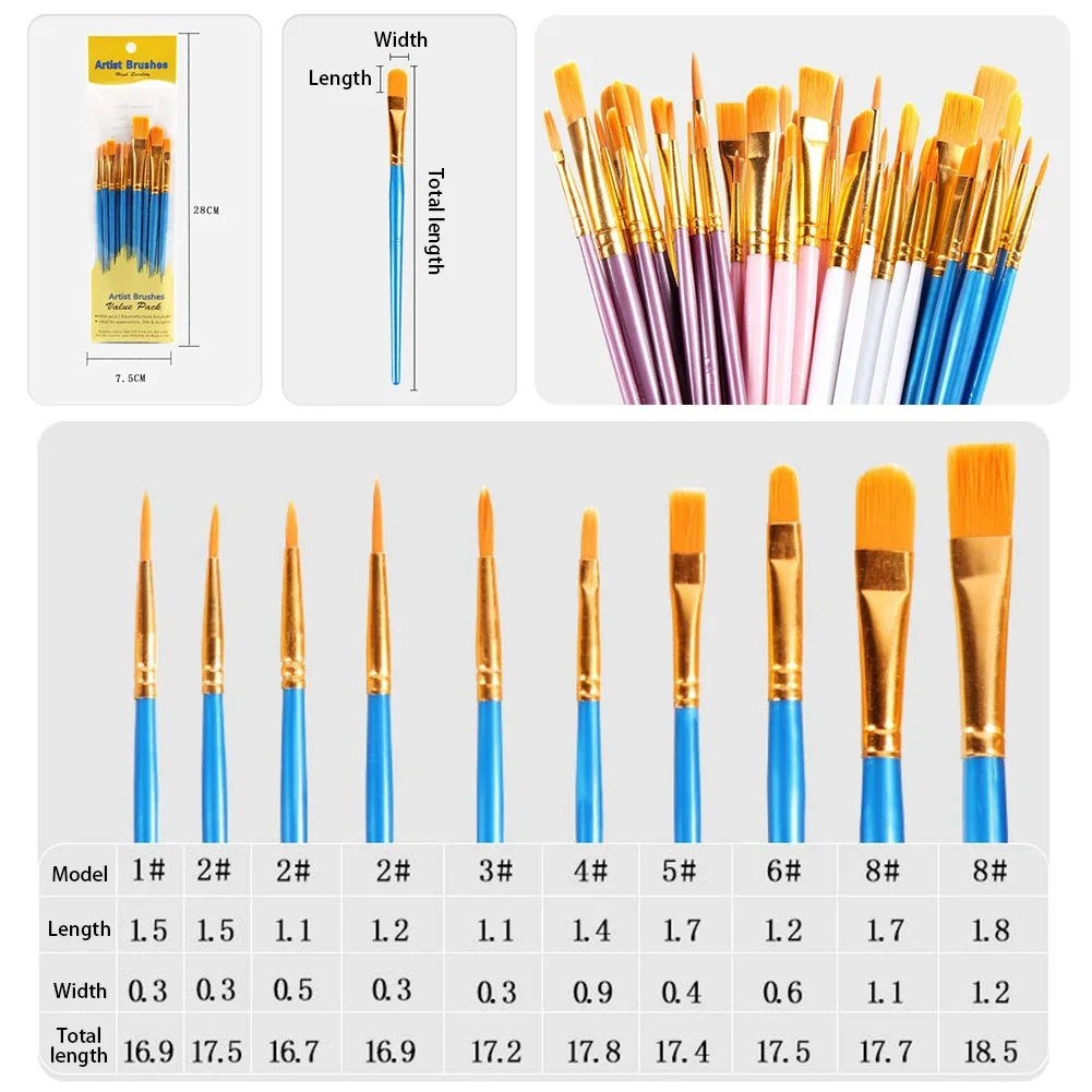 10pcs/set Nylon Paint Brush Wooden Handle Painting Brushes Art Watercolor Acrylic Painting Pen Art Supplies Stationery