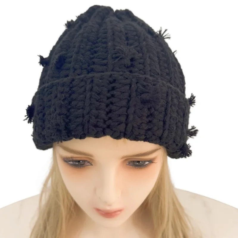 Japanische handgemachte gehäkelte mehrfarbige Pullover-Strickmütze, Wintermode, Ohrenschutz, verdickte warme Beanie-Mützen für Frauen – Detail 4