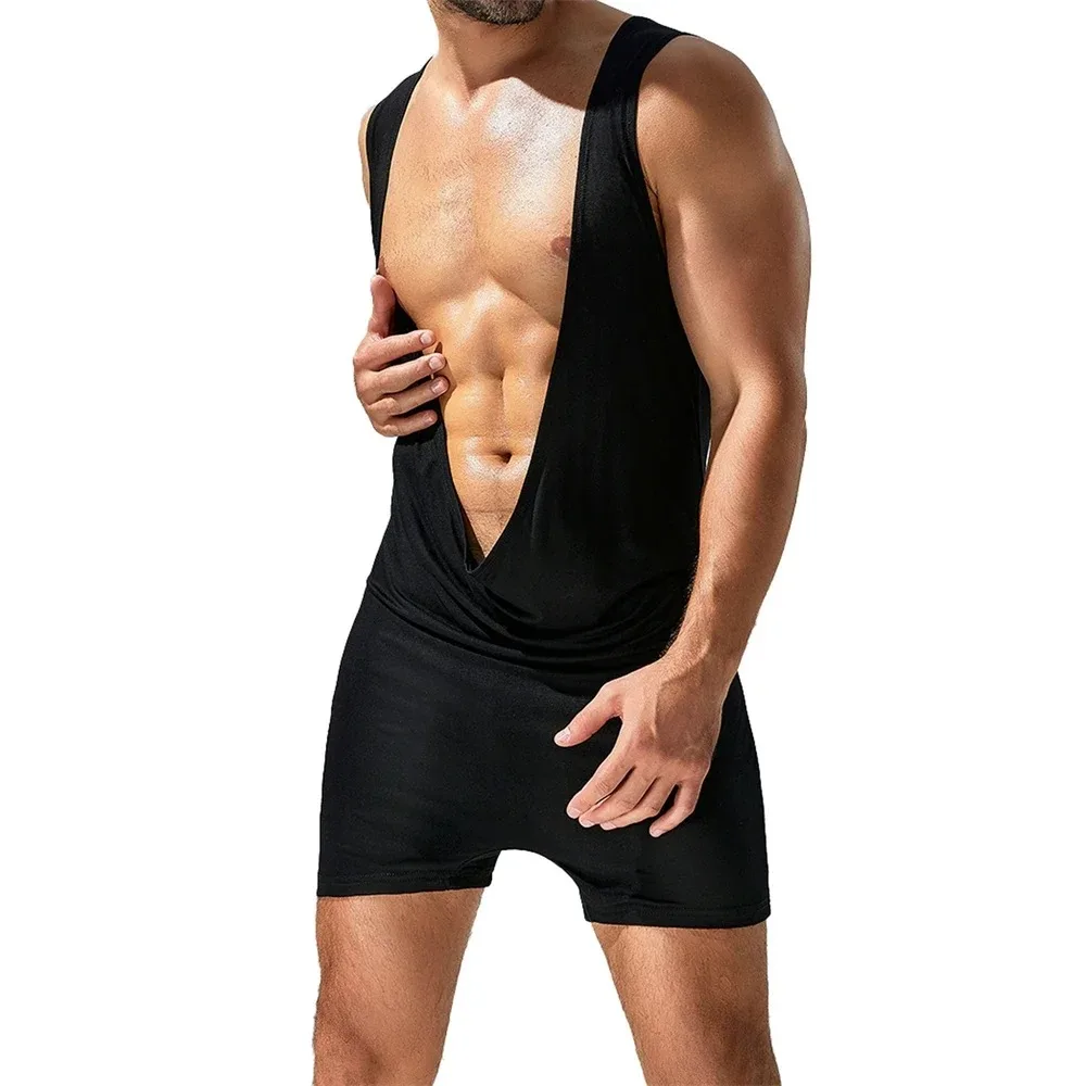 

Sexy Solid Color Men One-pieces Undershirts Rompers Deep-V Wrestling Singlets Jumpsuits Stretchy Bodysuit Sport Fitness Leotards