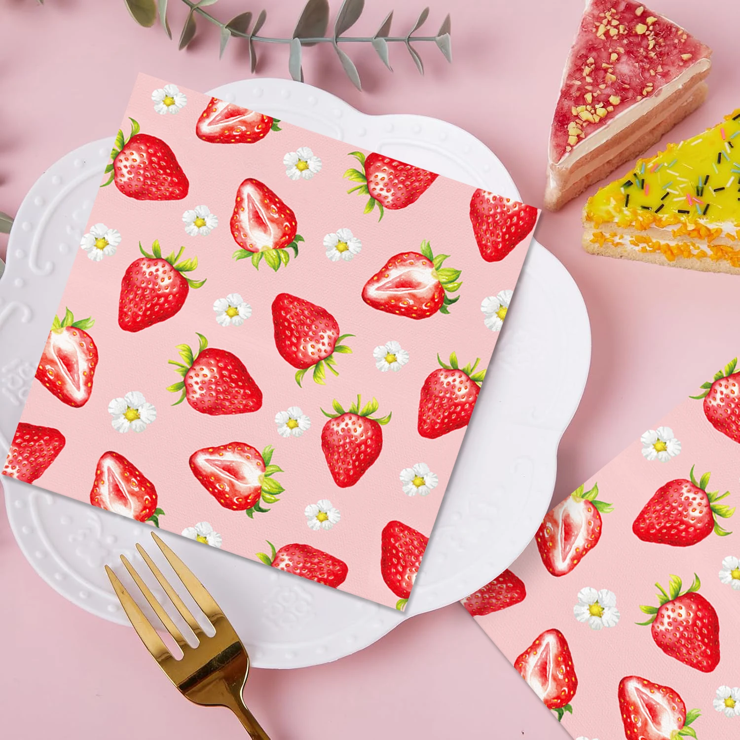 20 Servilletas Desechables de Papel con Diseño de Fresas, Toallas de Mano para Invitados, Ideales para Comedor, Cumpleaños, Baby Shower y Decoración