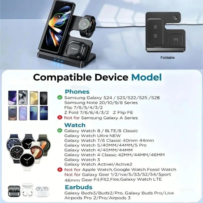 3 in 1 Fast Wireless Charger For Samsung S26 S25 S24 Z Fold/Flip 7 6 5 4 Galaxy Watch Buds 4 Pro Foldable Fast Charging Station view 6