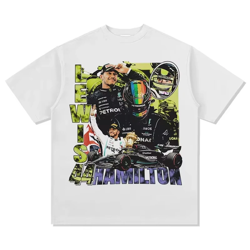 2025 جديد هاميلتون لويس F1 خمر طباعة الرجال النساء حجم كبير عادية كم قصير طاقم الرقبة القطن المحملة للجنسين موضة الشارع