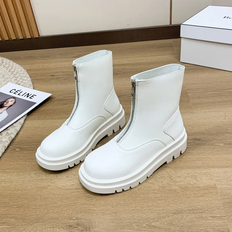 Genuine Leather Women Boots Winter Plus Velvet Woman Shoe Fashion Female Breathable Cowhide Bootie Front Zipper Light Black Boot