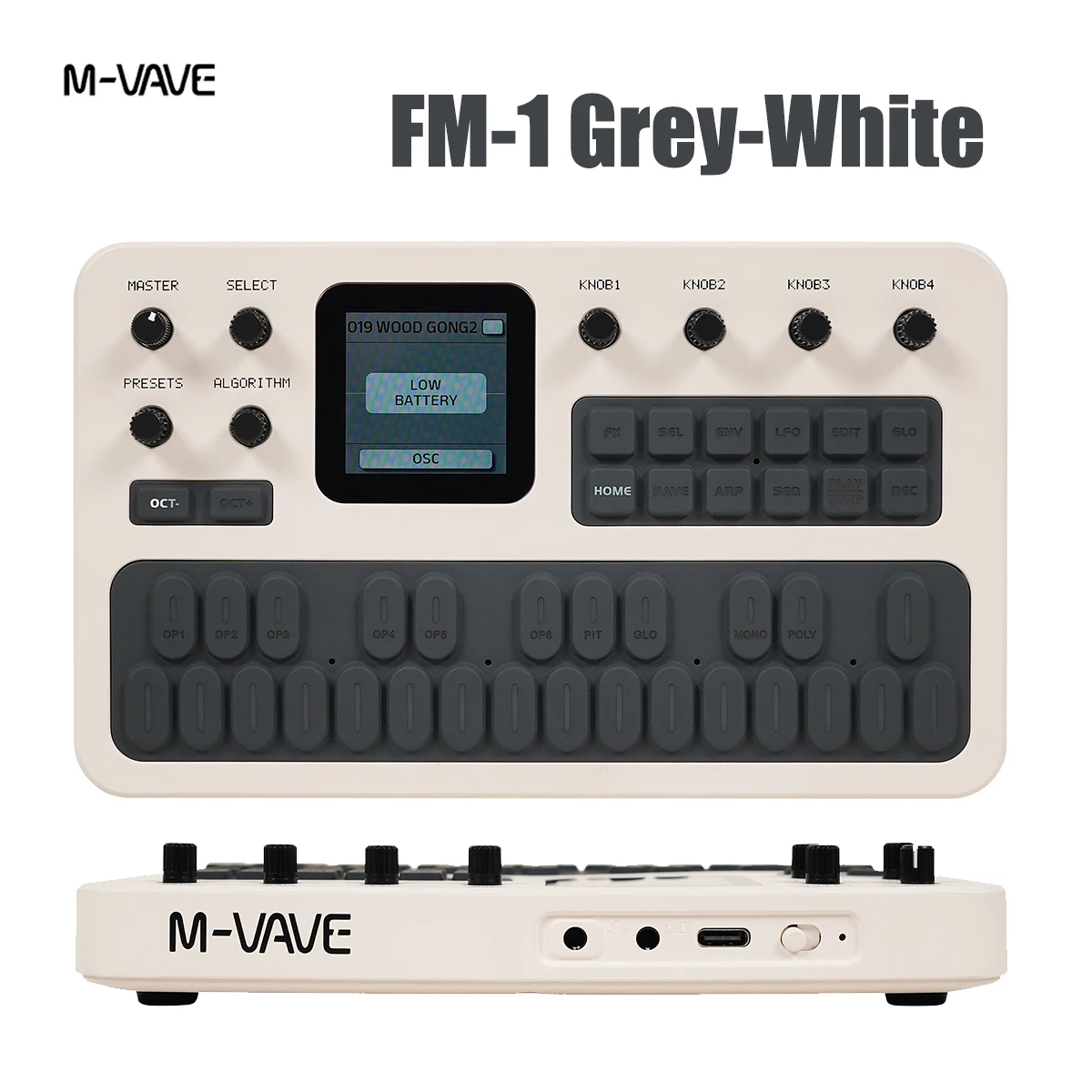 M-VAVE FM-1 (SK15) Grey-White Mini FM Synth – 27 Keys, 3-Channel MIDI (USB/Bluetooth/3.5mm), 12h Battery, TFT Display, Portable