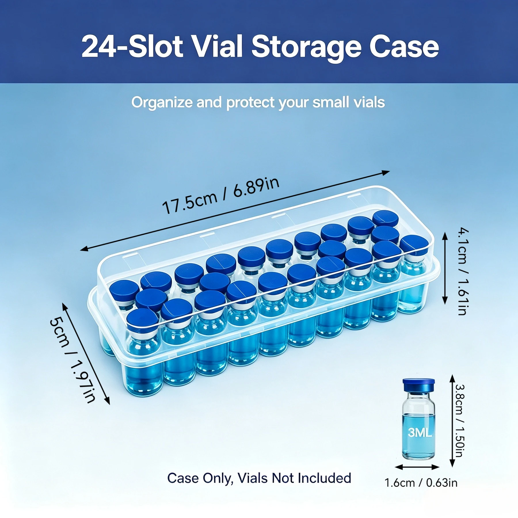 5/3 Packs 24-Slot Clear Plastic Vial Storage Box Dustproof Organizer Case for 3ml Peptide Injection Vials Transparent Medical