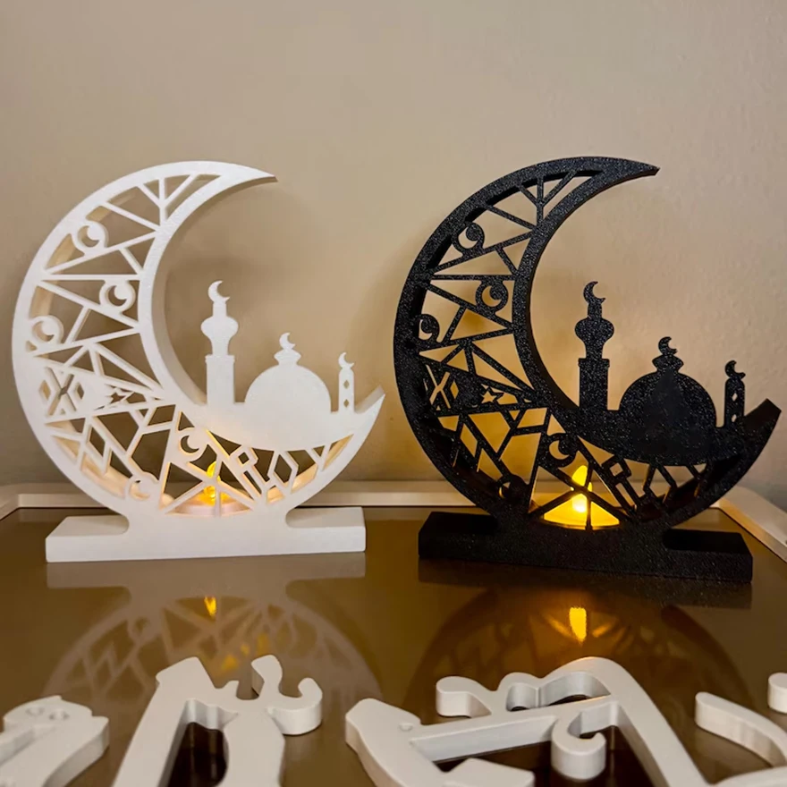 Grenzüberschreitender, orientalischer Halbmond-Moschee-Kerzenhalter mit Hohlmuster, Dekorationsobjekt für Ramadan, warm, im Ethno-Stil