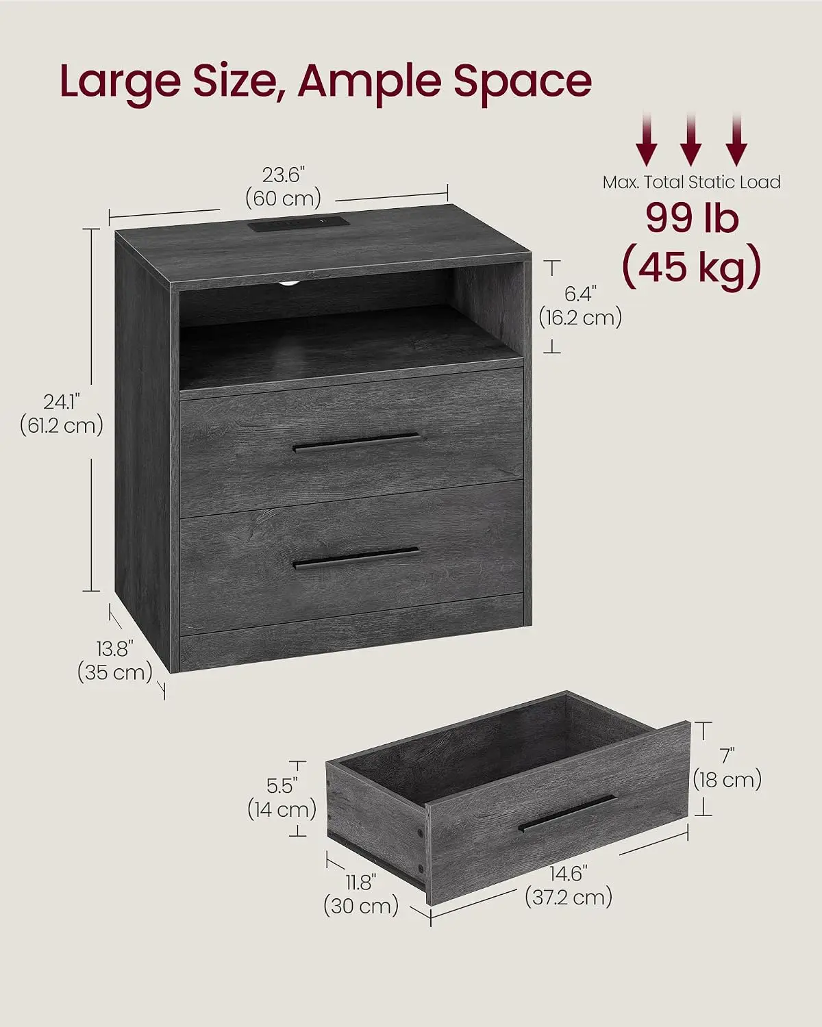 VASAGLE Custos Collection - Set of 2, 23.6 Inch Wide Nightstands with Charging Station, LED Lights, Modern Night Stands, Side En