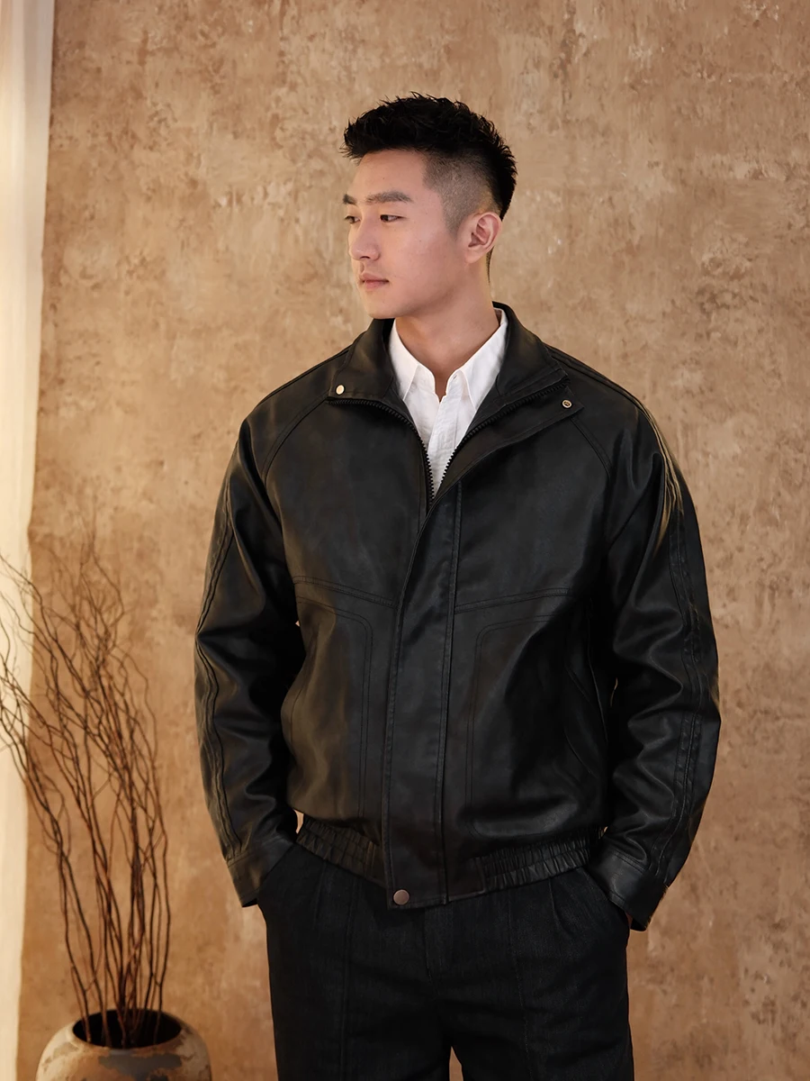 

DOLIN ZONE Men's Dync Motorcycle Jaet Stand Collar American Sle PU Leather Coat Straight Cut Long Sve Youth Faion