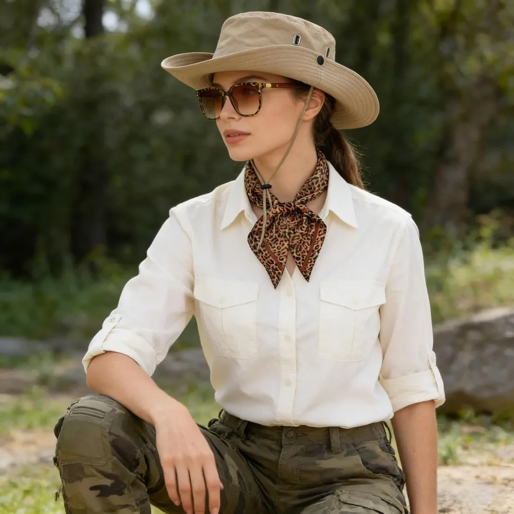 3pcs Zoo Keeper Costume Adult Includes Safari Hat Outfit Accessories Leopard Print Scarf Light-Proof Glasses Rave Party - view 3
