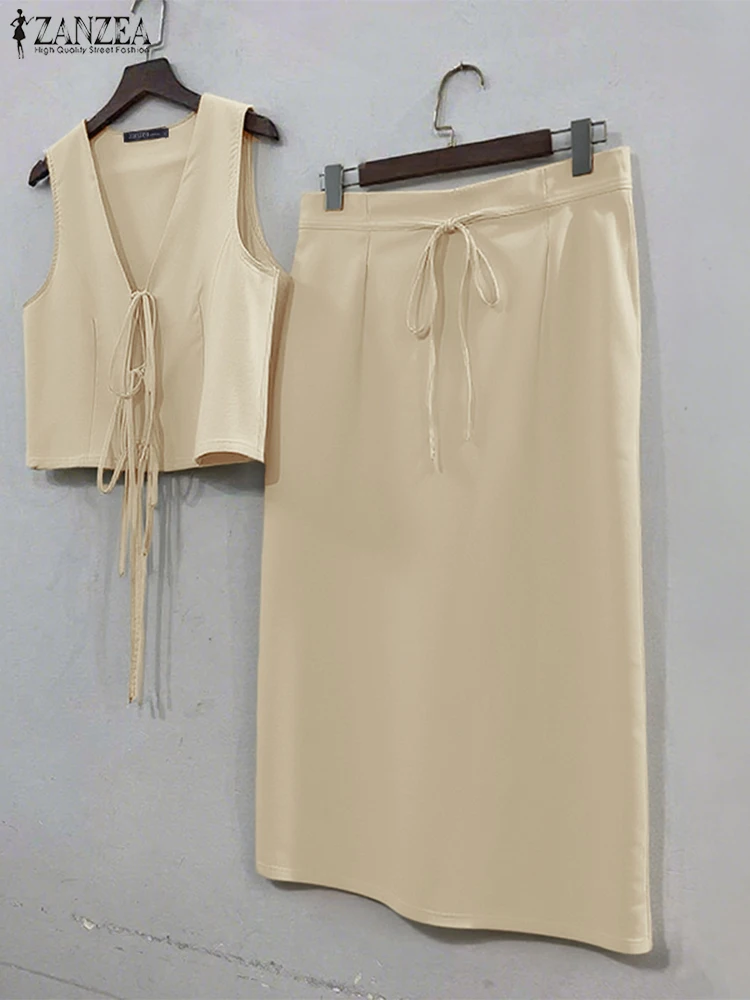 ZANZEA Set Gaun Fashion Wanita 2025 Tanpa Lengan Kasual V-Neck Tank Berenda Rok Panjang Dua Potong Pakaian Paduan Solid