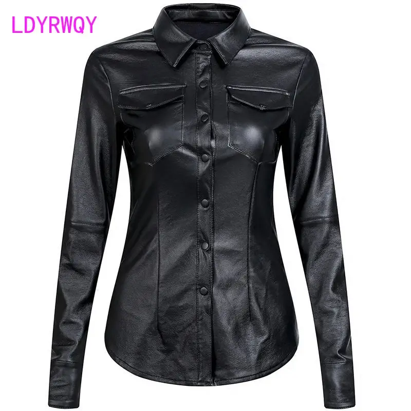 2023 Autumn Shirt Long sleeved Women's Polo Coat Versatile Top Slim Leather Coat Women