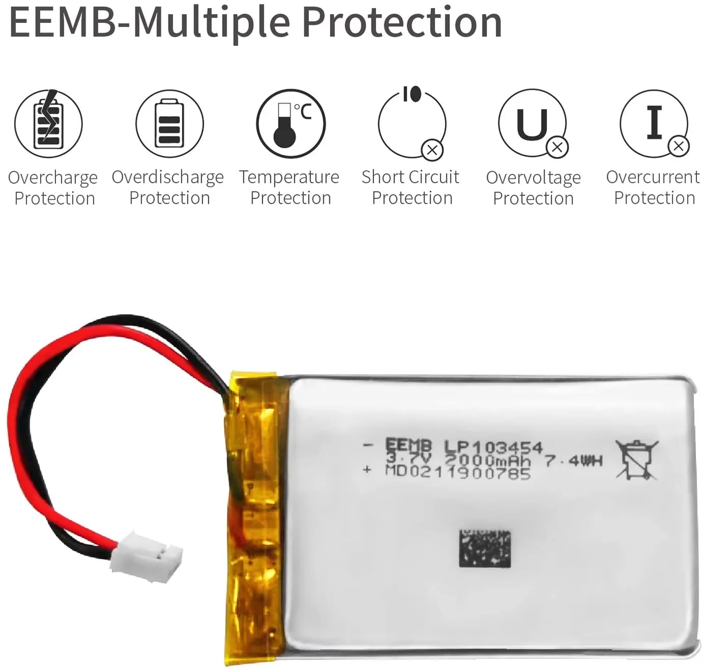 EEMB 1~10szt Bateria litowo-polimerowa 3,7V 2000mAh 103454   Літій-іонна полімерна акумуляторна батарея з дротяним роз\'ємом JST-phr