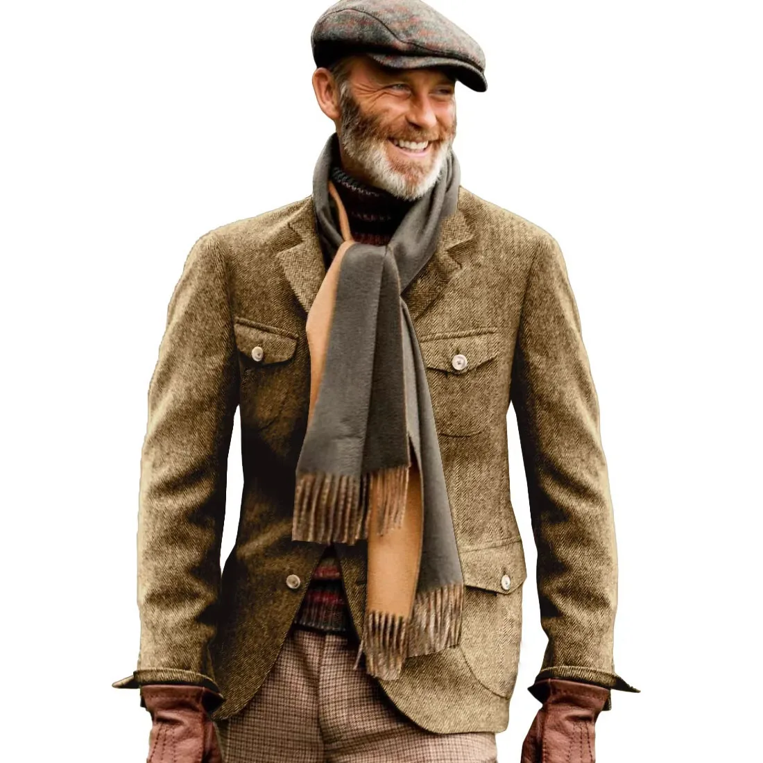 Vintage British Herringbone Sport Coats Tweed Tweed Hunting Casual Stand Collar Multiple Pockets Jacket Men's Suit Thick Blazers