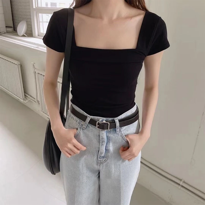 

Summer 2026 Trendy Square Collar Slim Fit Short Sleeve T-Shirt Women's Premium Feeling Versatile Hot Girl Basic Style Top