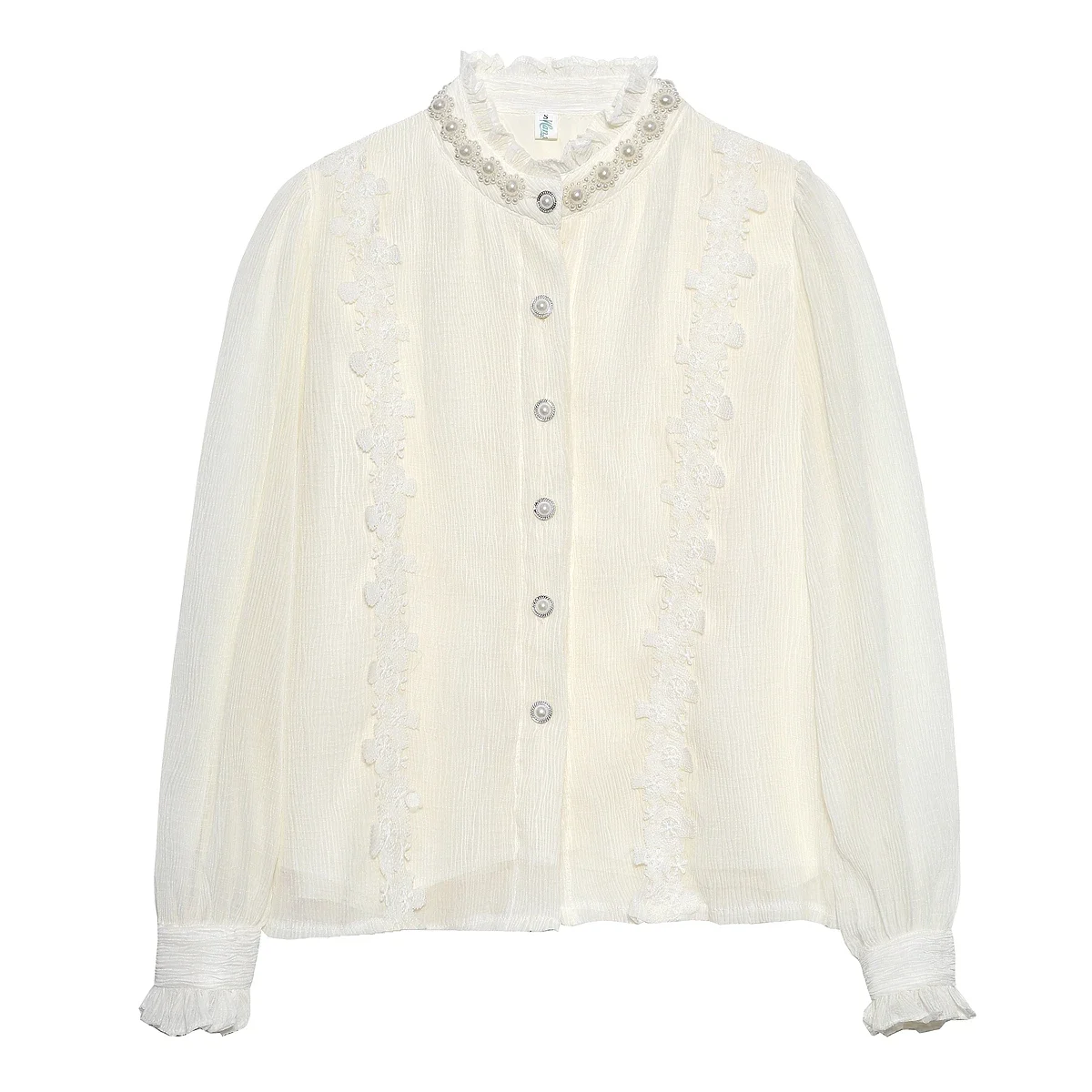 Autumn Fashion New Office Lady Blouse Pearl Stand-up Collar Lace Pleated Long Sleeve Shirt for Women Clothing