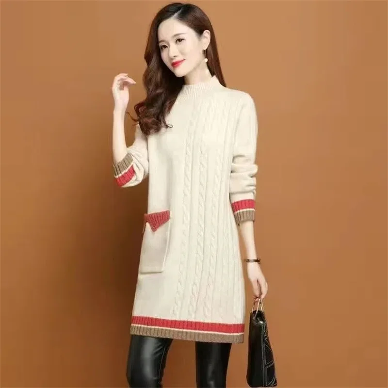 Autumn Women Sweater Pullover 2022 New Color Matching Half Turtleneck Long Knitted Sweater Female Winter Fleece Warm Jumper Tops