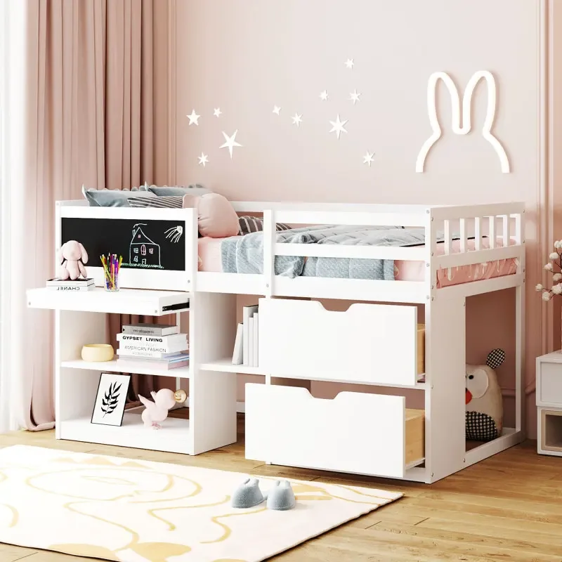 High Quality White Twin Size Low Loft Bed with Rolling Desk, Shelf and Drawers Easy High Quality