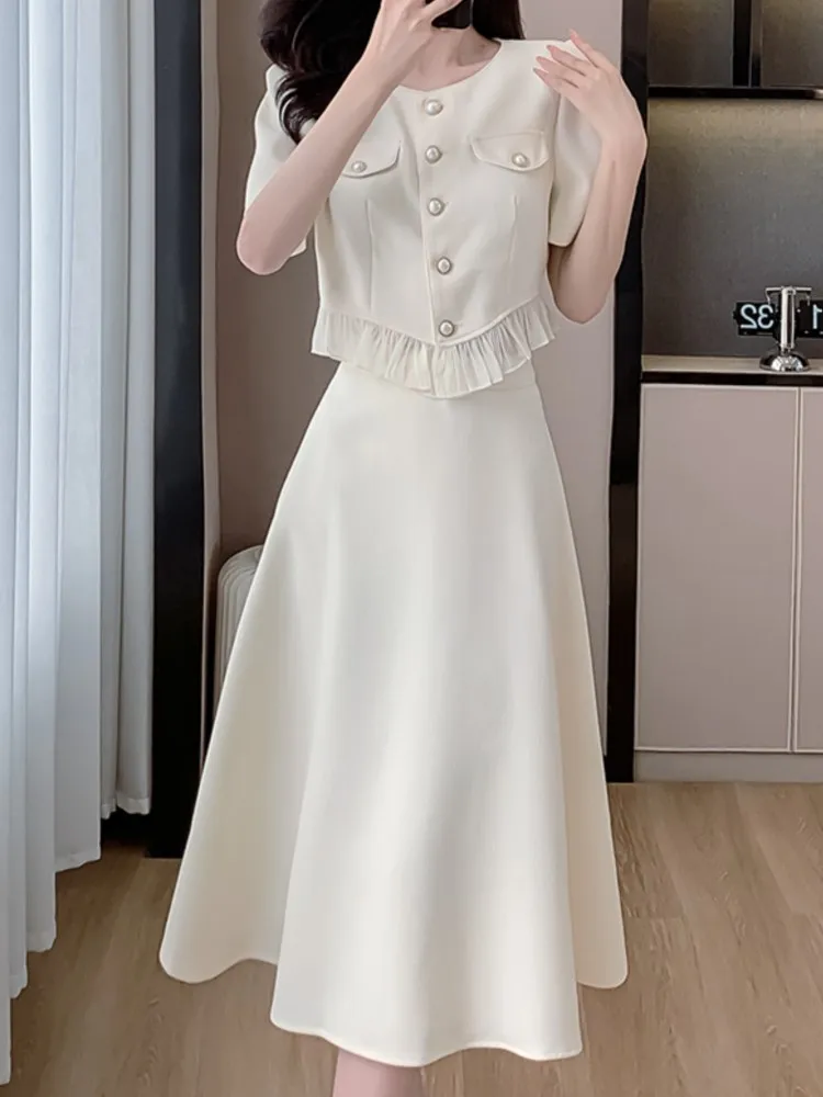 Fashion Korean Sweet Elegant 2 Piece Set Summer Office Lady Skirt Suits Ruffles Collar Knee-length Clothing For Women