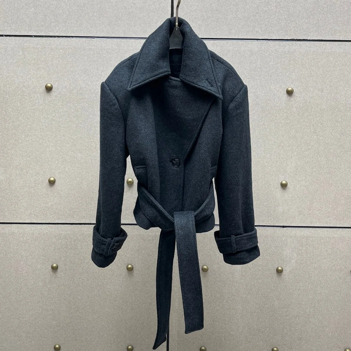 High Quality Women Short Cropped Coat Lapel Collar Belted Waist Wrap Outerwear Long Sleeve Cuff Buttons Casual Daily Streetwear