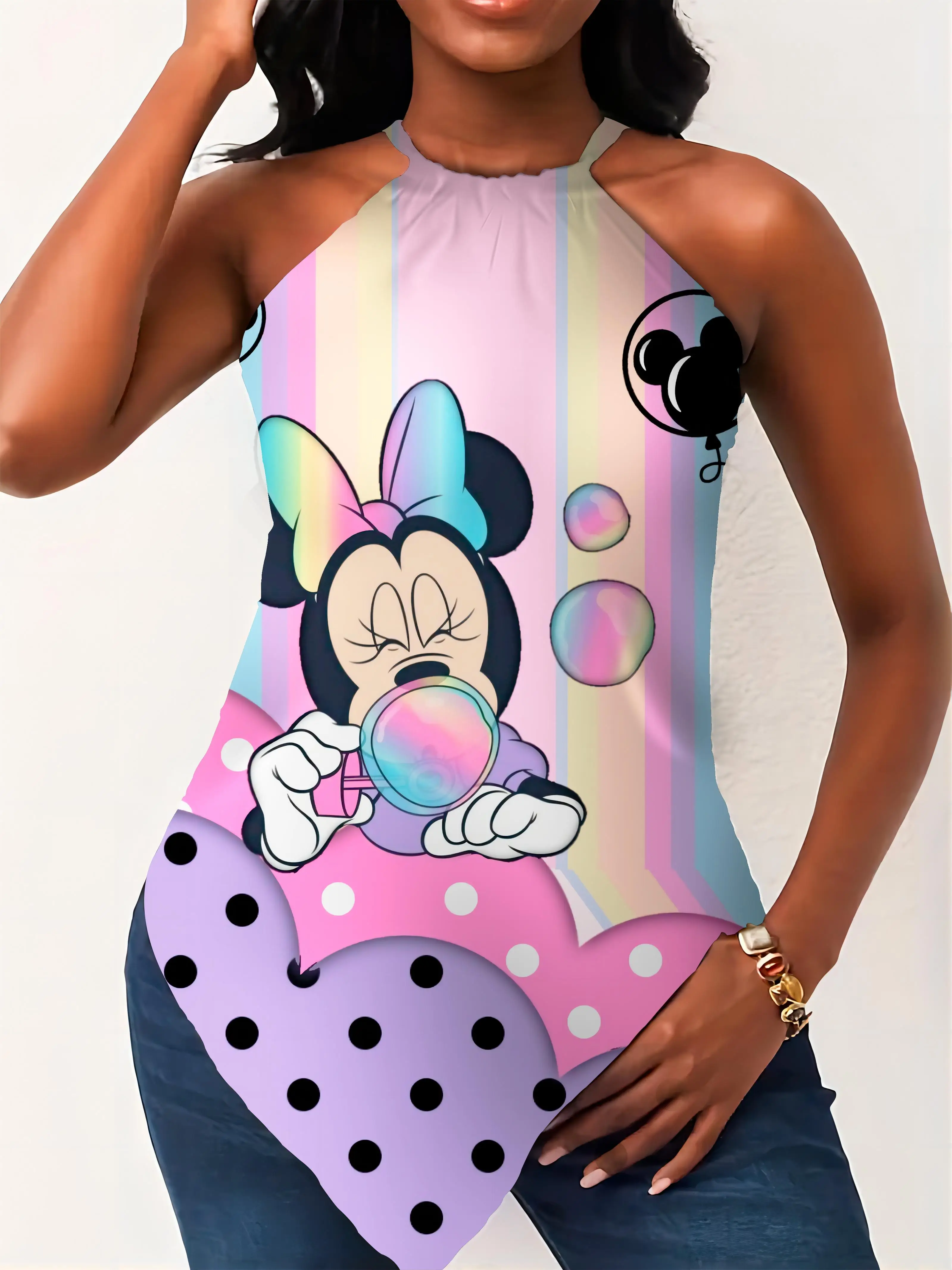 Mickey Disney Summer Short Sleeve Crew Neck Hanky Hem Women's T-shirt Y2k Top Halter Minnie Mouse Sumer Clothes Sleeveless Top