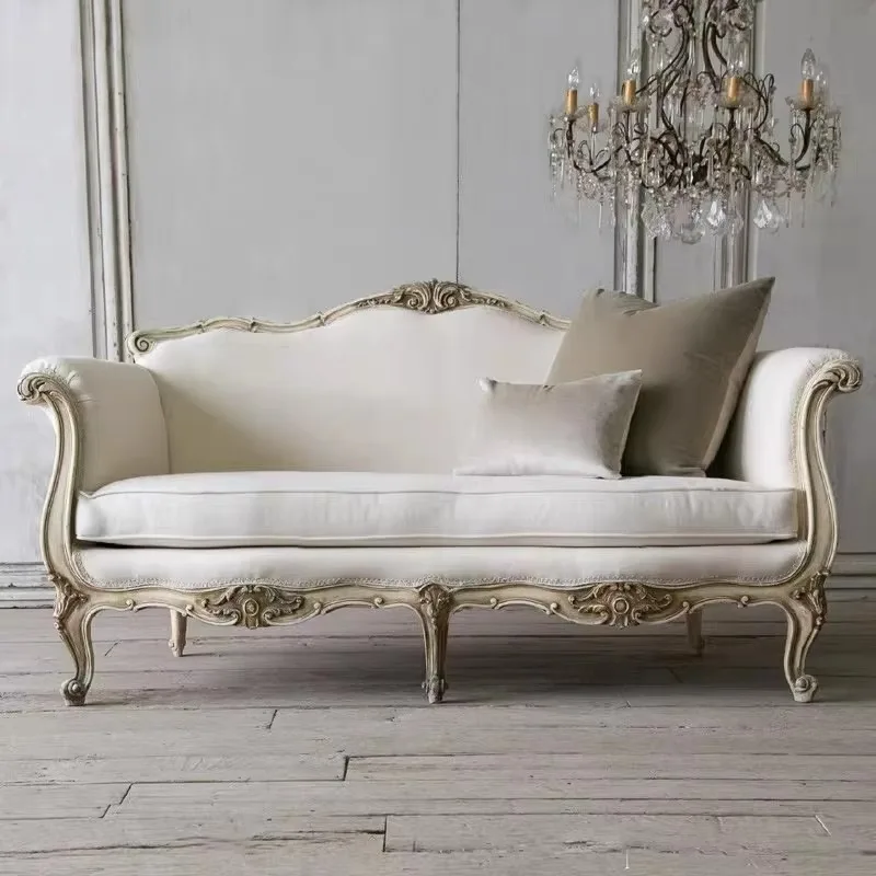 Factory direct sales American retro hand-carved three-person sofa French living room retro old-fashioned sofa