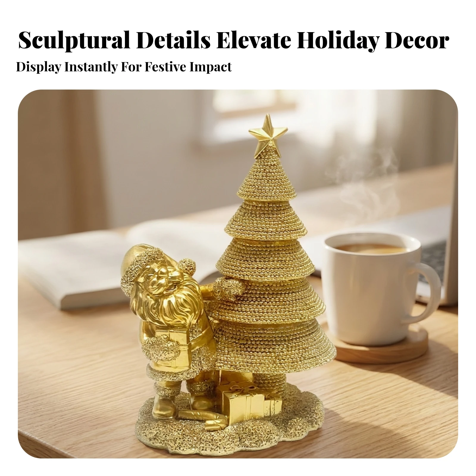 Santa Figurine with Christmas Tree Glittering Resin Christmas Tabletop Statue Miniature Figurines Sculpted Ornament Adorable