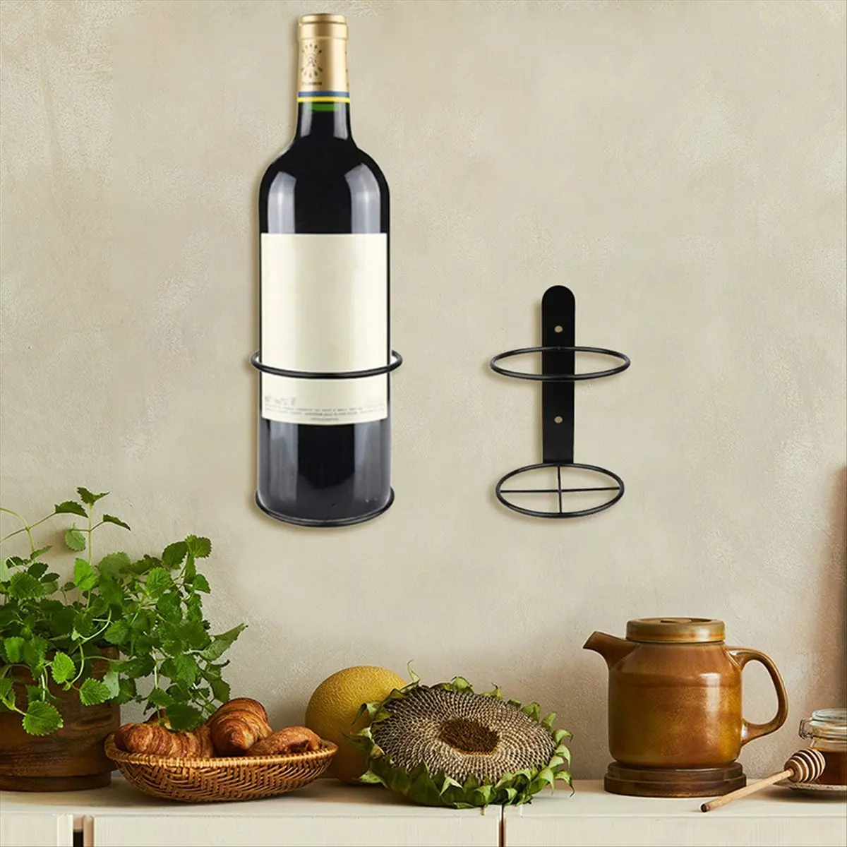 

NEW 6pcs Wall Mounted Metal Hanging Wine Rack Cabinet Black Metal Mounted Office Home Kitchen Bar Easy to Install